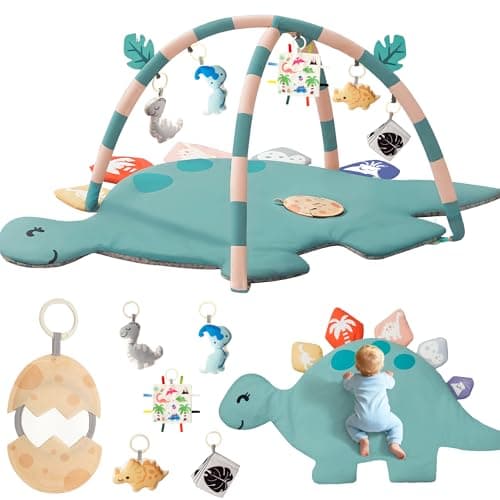Baby Tummy Time Mat, Oversize Dinosaur Shaped Baby Play Gym Mat with 6 Toys, Play Mat for Babies 0-6-12 Months Promotes Motor Skills & Sensory Development, Newborn Essentials Infant Shower Gift - Image 1