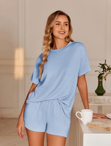 Ekouaer Womens Pajama Sets Short Sleeve Lounge Sets 2 Piece Tops and Shorts Cruise Outfits Matching Loungewear with Pockets Sky Blue - Thumbnail 3