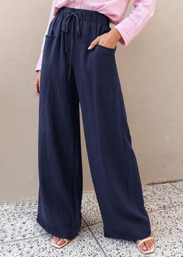 KIRUNDO Wide Leg Palazzo Pants for Women Summer High Waist Flowy Casual Trousers Lounge Pants Beach Vacation Travel Outfits (Navy Blue, XX-Large) - Thumbnail 4