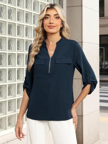 Funlingo Business Casual Tops for Women 3/4 Sleeve Zip Front V Neck Flowy Blouses Dressy Office Work Shirts Tunics to Wear with Leggings Deep Blue M - Thumbnail 2