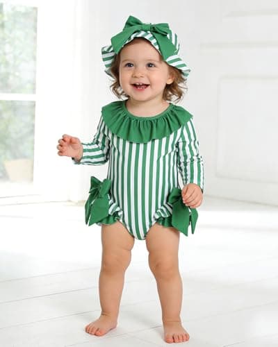 JiAmy Toddler Baby Girls One Piece Swimsuit Long Sleeve Zip Up Bowknot Swimwear Bathing Suit Rash Guard with Sun Hat Set Green 0-3 Months - Thumbnail 2