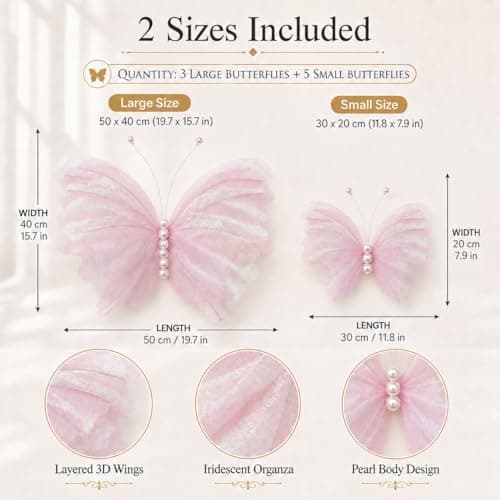 8 Pcs Large & Small Pink Butterfly Decorations, 3D Silk Butterflies Wall Decor with 3 Big 20 Inch & 5 Small 12 Inch Butterflies for Wedding, Baby Shower, Birthday Party, Nursery & Event Decoration - Thumbnail 2