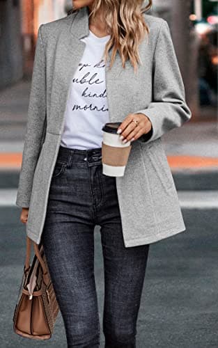 CCTOO Women's Coat Casual Open Front Blazer Long Sleeve Stand Collar Solid Trench Business Work Office Jacket Outwear 147 Light Gray Small - Thumbnail 4