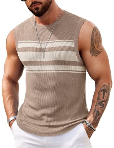 COOFANDY Mens Casual Knitted Tank Tops Crew Neck Sleeveless Muscle T Shirts Summer Beach Tops Khaki Ivory XL - Image 1