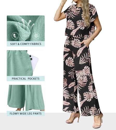 Lepunuo Women Summer 2 Piece Sets Cap Sleeve Crop Top Flowy Wide Leg Pants Matching Lounge Set Vacation Beach Travel Outfits - Thumbnail 2