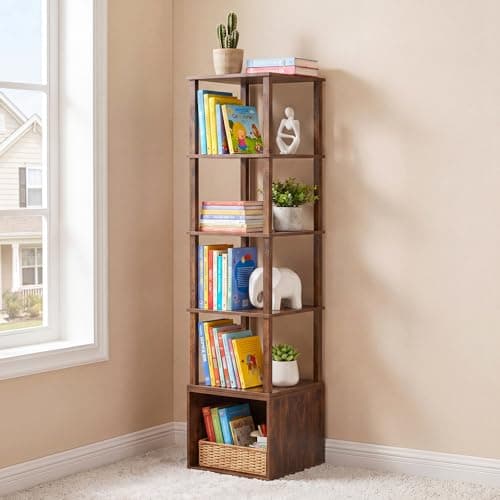 YUFAM Rotating Book Shelf Tower 5 Tier Spinning Wood Bookshelf 360 Revolving Bookcase with Storage for Bedroom Living Room Office Study Brown - Image 1