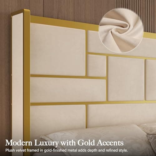 Uteeran Queen Bed Frame with 55.12" Tall Headboard, Modern Luxury Velvet Upholstered Platform Bed with Gold Trim, Wide Wingback Design, Noise-Free, Easy Assembly, No Box Spring Needed, Beige - Thumbnail 3