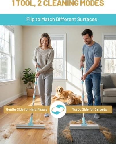 Carpet Rake for Pet Hair Removal: DELOMO Carpet Scraper Broom with 54” Adjustable Long Handle, Dual-Sided, Metal + Short Silicone for Carpets & Rugs, Extended Silicone for Shag Rugs & Hard Floors - Thumbnail 2