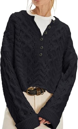 Jenkoon Women's Cable Knit Sweater Oversized Crop Knit Pullover Chunky Crew Neck Long Bell Sleeves Button Front Sweaters(Black,L) - Image 1