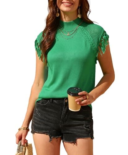 AceNest Summer Crochet Tops Cute Sleeveless Sweater Tops for Women Ribbed Vest Blouse Casual Green S