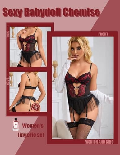 Tidouk Lingerie Sets Lace Lingerie for Women Sexy Push Up Teddy Lingerie with Gartet Belt（Black+Red,XX-Large - Thumbnail 3