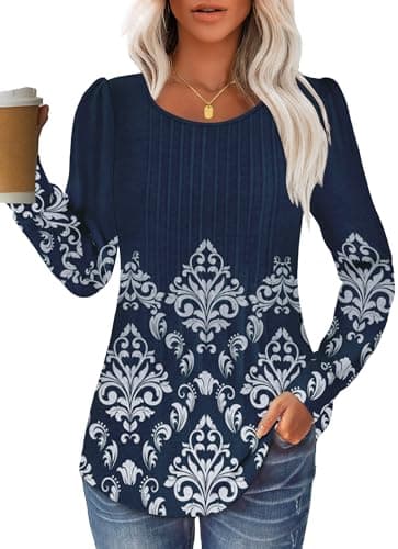 GKBK Women Long Sleeve Shirts Fall Tops Dressy Pleated Scooped Neck Tunic Tops for Leggings Purplish Blue L - Image 1