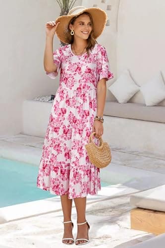 STYLEWORD Women's 2026 Summer Casual Short Sleeve Crewneck Boho Dress Flowy Maxi Maxi Beach Vacation Spring Hawaiian Dresses(Floral30,S) - Thumbnail 5