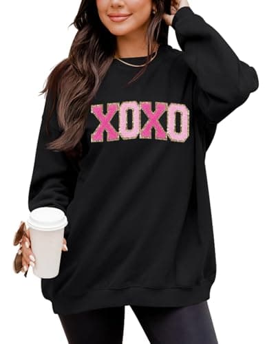 LETSEE Womens Valentines Sweatshirt Valentine Shirts Womens Oversized Embroidered Crewneck Tops Long Sleeve Outfits(Black, Small) - Image 1