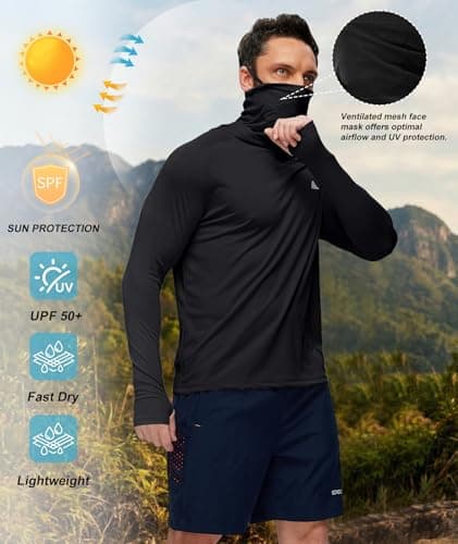 Fishing Shirts for Men with Hood UPF 50+ Sun Shirts Rash Guard Sun Hoodie Mens Long Sleeve UV Protection Shirt UV Shirt with Mask Black Large - Thumbnail 4