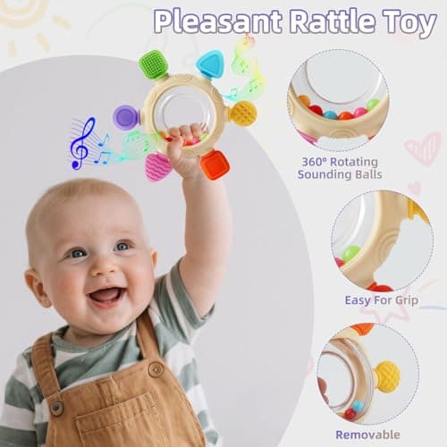 VTECHOLOGY Baby Teething Rings Toys for 0-6 6-12 Months Baby Rattle Teether Sensory Toys for Babies 0-24Months Silicone Teether Relief Chew Soothing Sore Gums for Newborn Infant Essentials BPA Free - Thumbnail 2