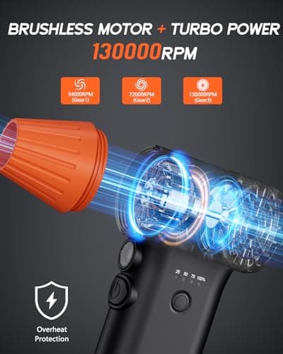 ATEngeus HF600-Pro Compressed Air Duster, 130000RPM Super Power Cordless Electric Air Duster, Rechargeable Handheld Air Blower for PC, Keyboard, Devices, Car, House Cleaning, Car Snow Blower, 3 Gear - Thumbnail 3