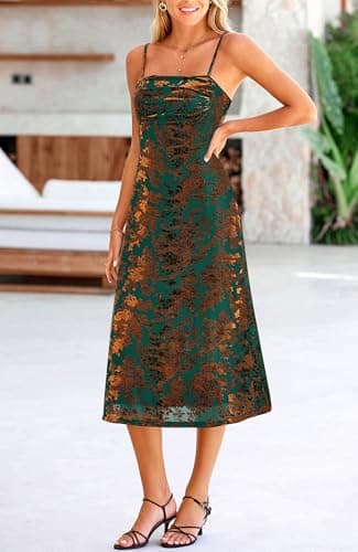 BTFBM Women's Summer Dress Sleeveless Spaghetti Strap Midi Dress Sexy Cowl Neck Floral Cocktail Dress Party Dresses(Dark Green,Medium) - Thumbnail 3