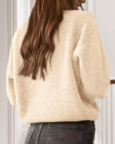 KIRUNDO Women’s Cardigans Casual Loose Button Up Long Sleeve Crewneck Knit Cardigan Sweaters Open Front Outerwear Coats(Cream, Large) - Thumbnail 2