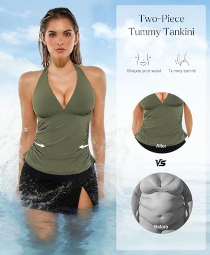 Popilush Tankini Swimsuits for Women Tummy Control Two Piece Shapewear Bathing Suits with Skirt Halter Ruched Swimwear Green - Thumbnail 2