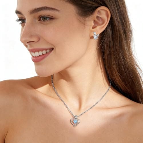 JACUPO Heart Birthstone Silver Necklace for Women(03 - Aquamarine) - Thumbnail 5