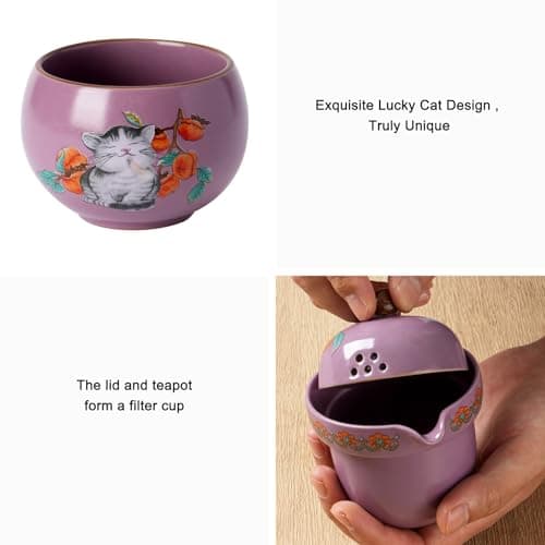 Mini Tea Cups,Cute Lucky Cat Cups,Small Tea Mugs,Porcelain Gongfu Tea set with 3 in 1,Tea Sets for Adults,Ceramic Tea Infuser Cup for Loose Leaf for Women/Tea Lovers/Birthday/Mother's Day (Purple) - Thumbnail 5