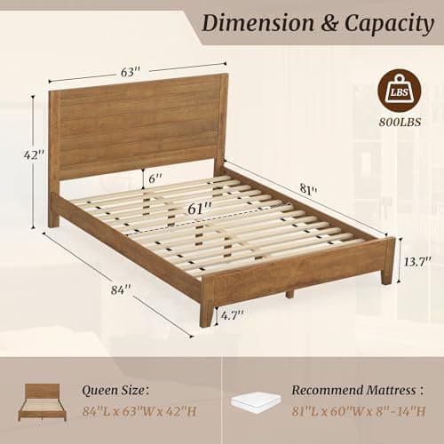 Cozyman Wood Platform Bed Frame Queen Size with Headboard, Camas Queen, Acacia Wood, No Box Spring Needed, Easy Assembly, Dark Wood - Thumbnail 2