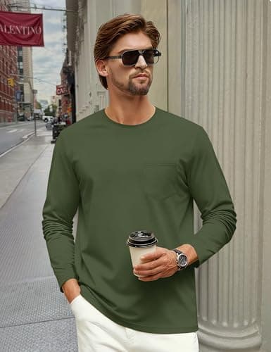 Cotrasen Mens Long Sleeve Tee Shirts Cotton Crew Neck Pocket T Shirts for Men Breathable Comfortable Tee Shirts ArmyGreen S - Thumbnail 3