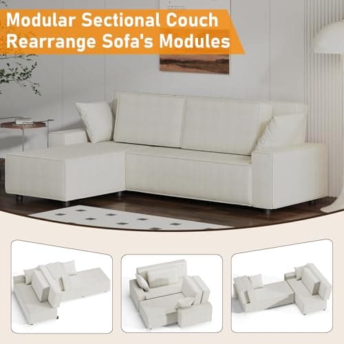 Garvee Fine Corduroy Stripe Large Couch, l Shaped Oversized Sectional Sofa with Deep Seat, Comfy Modular Couch for Living Room, Apartment, 61" d x 96" w x 32" h, Corduroy, Beige - Thumbnail 5