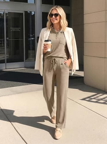 Casly Lamiit Two Piece Sets for Women Summer Casual Matching Outfits V Neck Tops Cropped Pants for Beach Vacation Lounge Travel Airport Camel XL - Thumbnail 4