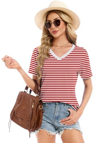 Womens Summer Tops Short Sleeve V Neck T Shirts Blouses Plus Size Tunic Vacation Beach Vacation Boho Outfits, Red/White Stripe 3XL - Thumbnail 3