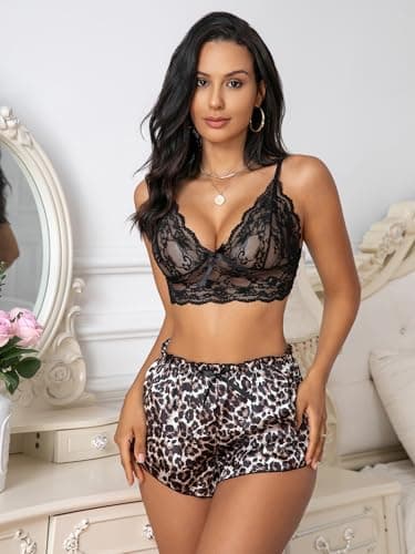Rigeri Satin Lingerie Cami Pj Sets For Women Lace Bralette Black Leopard S - Thumbnail 4