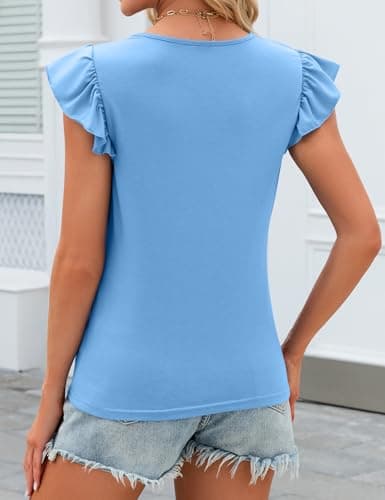 JUSTFASHIONNOW Ruffle Short Sleeve Tops for Women Blue Cute Summer Shirts Dressy Casual Blouses Crew Neck Tshirts 2026 Trendy Clothes(Blue,Large) - Thumbnail 3