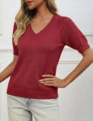 LaGracia Puff Short Sleeve Sweater for Women Summer Puff Sleeve Sweater Tops Spring V Neck Cauasl Dressy Shirts Cute 2026 Dark Red S - Thumbnail 3