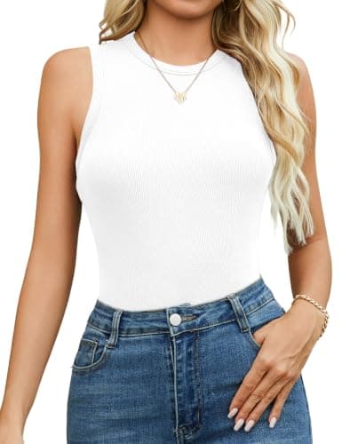 Quenteen Basic Tops for Woman Garment Friendly Crew Neck Ribbed Knit Slim Fit Tank Tops 2026 White Summer Outfits White X-Large - Image 1