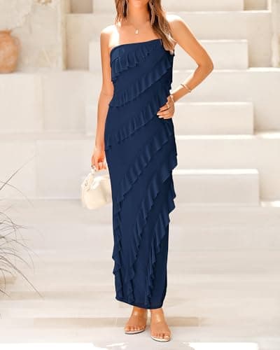 BTFBM Women Summer Elegant Strapless Midi Ruched Bodycon Dress Solid Color Stretch Mesh Slim Party Cocktail Dresses - Thumbnail 4