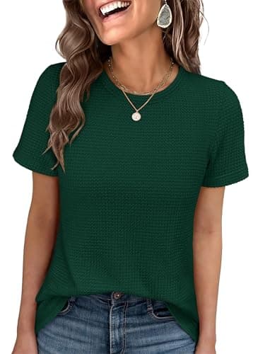 ANRABESS Women's Summer Waffle Knit Tops Crew Neck Short Sleeve Casual Trendy Shirts Basic Tee Blouses 2026 Spring Outfits Deep Greene Large - Image 1