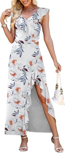 WEACZZY Long Wedding Guest Dresses for Women Formal Gowns and Evening Dresses V Neck Sleeveless Split Wrap Elegant Dresses for Women,C Gray Leaved Peony,S - Image 1