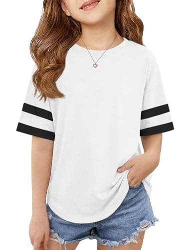 ZDC Girls Striped Short Sleeve T Shirts Kids Crewneck Loose Fit Tunic Tops Summer Tees Blouses 5-14 Years White - Image 1