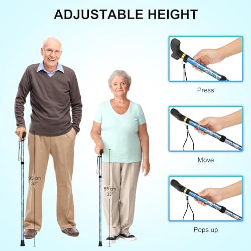 supregear Folding Cane, Lightweight 5-Level Adjustable Walking Stick with Wrist Strap and T-Handle, Portable Mobility Aid for Elderly and Disabled Men and Women, Floral Blue - Thumbnail 3