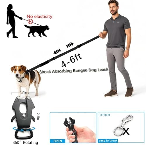 4-6FT Heavy Duty Dog Leashes for Large Dogs, Shock Absorbing Bungee Tactical Leash with 2 Padded Handle, Car Seatbelt and Metal Carabiner Clip, Strong No Pull Dog Leash for Medium - Thumbnail 2