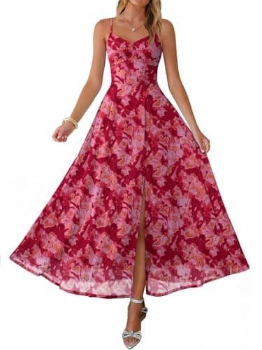 Caracilia Women's Summer Maxi Dresses Floral Mesh Spaghetti Strap Split Formal Wedding Guest Cocktail Party Beach Long Dress Red Yellow Floral S - Image 1