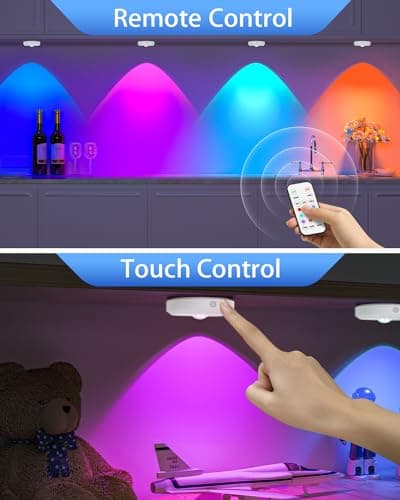 WILLED RGB Rechargeable Puck Lights with Remote Control, Under Cabinet Lighting Wireless, Dimmable Push Lights, Multicolor and Timing Function, LED Puck Lights for Kitchen, Cabinet and Shelf(6 Pack) - Thumbnail 3