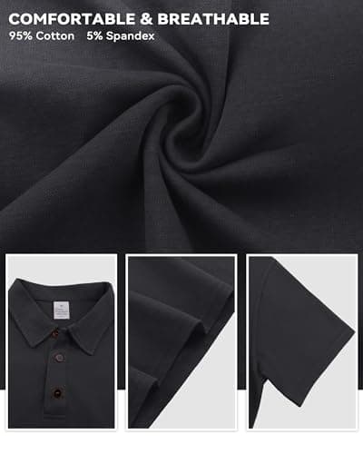 KUYIGO Men's Cotton Polo Shirts Short Sleeve Casual Summer Vintage Washed Shirt Classic Collared Shirt Black L - Thumbnail 6