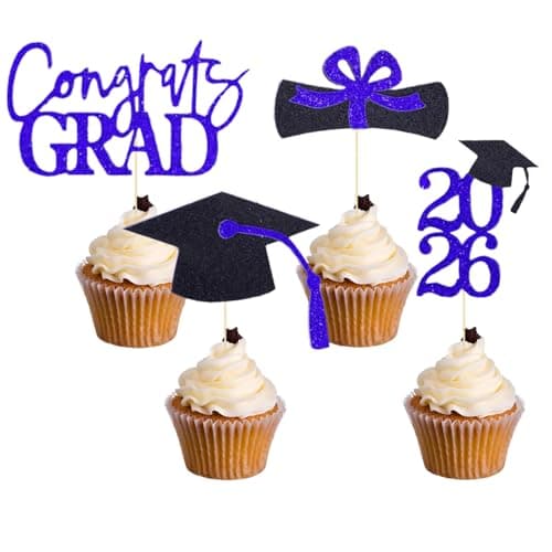 Oeyliz Graduation Cupcake Toppers 2026 Graduation Theme Cupcake Toppers Glitter 2026 Grad Cap Congrats Grad Diploma Cupcakes Toppers 24 PCS For 2026 Graduation Cake Decorations Supplies Blue