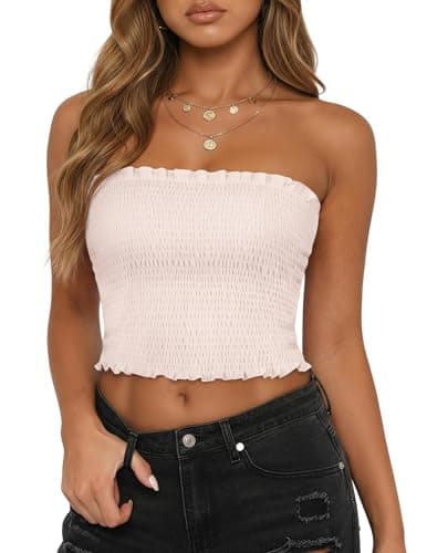 Aprolive 2026 Summer Sleeveless Crop Tops Y2K Strapless Bandeau Tops Basic Slim Fit Backless Tank Tops Smocked Beach Vacation Clothes (1-Apricot,X-Large) - Image 1