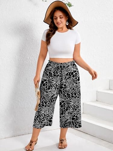AusLook Plus Size Capri Wide Leg Pants for Women with Pockets High Waisted Elastic Drawstring Summer Casual Flowy Boho Vacation Beach Cropped Black White Flowers 5X Trousers - Thumbnail 4