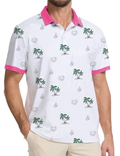 Actflare Golf Shirts for Men Dry Fit Moisture Wicking Short Sleeve Performance Print Polo Shirts Pink Collar Coconut,XL - Image 1