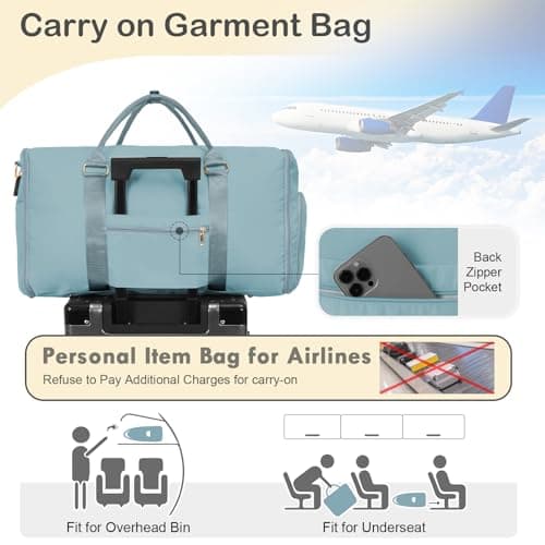 WOOMADA Travel Garment Bag, Convertible Garment Duffle with Shoe Bag and Hanging Dress Compartment for Women, Carry-On Luggage for Business and Leisure Trips(Turquoise) - Thumbnail 4