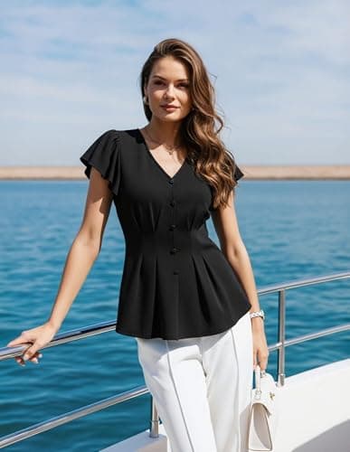 GRACE KARIN Summer Blouses for Women Dressy Casual, 2026 Ruffle Sleeve Peplum Tops, V Neck Business Work Shirts Black 2XL - Thumbnail 3